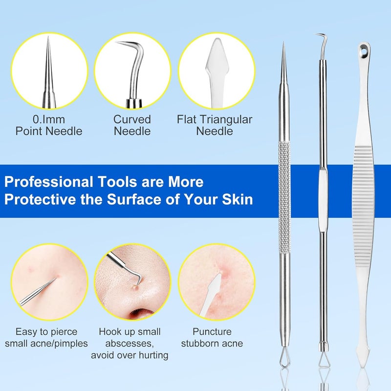 Baxrou Pimple Popper Tool Kit,10 Pcs Professional Blackhead Remover Comedones Extractor for Easy Removal for Pimples,Blackheads,Zit Removing, Facial and Nose, Acne Removal Kit with Metal Box (Silver) - Image 3